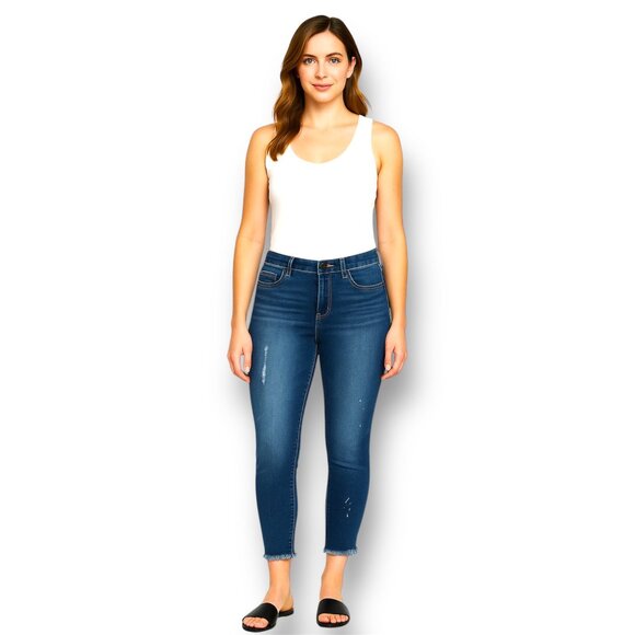 Democracy 10 Ab Technology Ankle Jeans Blue Distressed Stretch Frayed Hem Crop - Picture 1 of 9